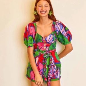 FARM RIO Tropical Bunch 2 piece set Crop Blouse + paperbag shorts sz Medium M
